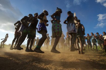 Hamar tribe dancing at a bull jumping celebration in the Omo Valley